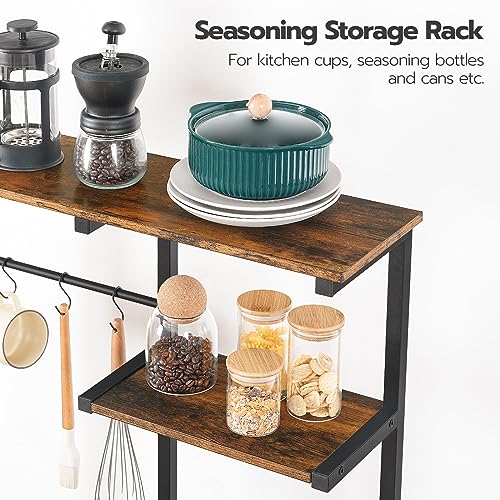 HOOBRO Large Bakers Rack with Power Outlets, 6-Tier Microwave Stand with 4 Hooks, Coffee Bar, Kitchen Shelf with Wire Basket, for Kitchen, Living Room, Office, Rustic Brown and Black BF64UHB01 - color: Rustic Brown + Black