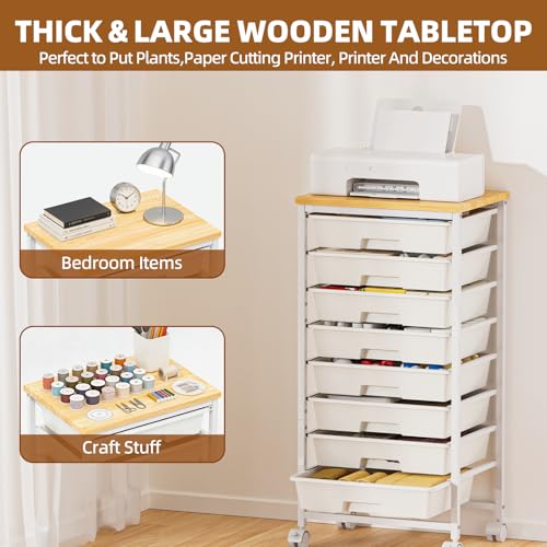 8 Drawer Rolling Storage Cart with Wooden Tabletop & Lockable Wheels | Utility, Movable Craft Storage Organizer, for Living Room Bedroom, Classroom, Office, White