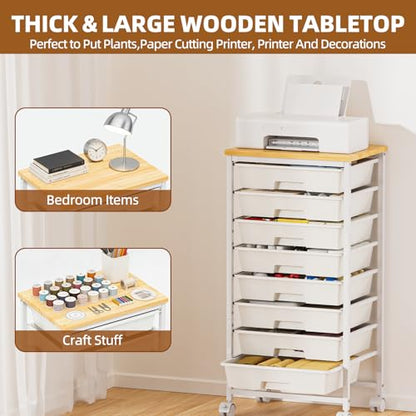 8 Drawer Rolling Storage Cart with Wooden Tabletop & Lockable Wheels | Utility, Movable Craft Storage Organizer, for Living Room Bedroom, Classroom, Office, White