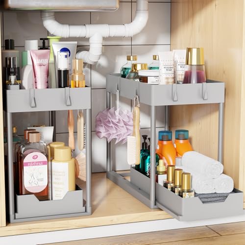Simple Trending Under Sink Organizer 2 Pack, with Sliding Drawer, Grey | 2-Tier Multi-Use Under Shelf Organizer with Hooks, Sink Pull-Out Sliding Storage Cabinet for Kitchen Bathroom, Easy Assembly - color: Grey, size: 2 pack