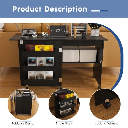 HRVEOCEI 4-in-1 Folding Sewing Table with Storage, Sewing Desk Foldable with Lockable Wheels & Power Socket, Sewings Machine Cabinet & Craft Desk with Shelves, Compact Design (Black, 45 Inch) - color: Black, size: 45 Inch