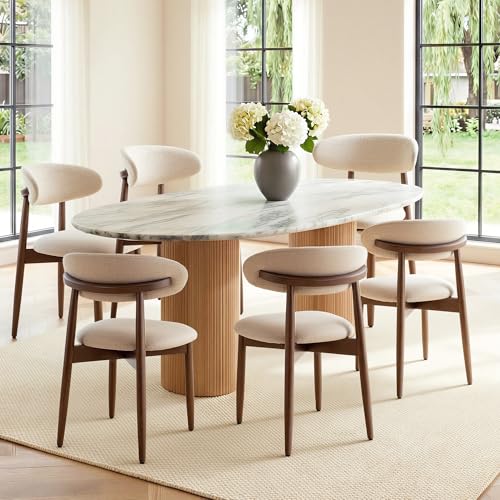 COLAMY Mid-Century Modern Wooden Dining Chair Set of 6, Indoor Upholstered Kitchen Chairs with 2.6" Cozy Padded Seat, Walnut Finish Side Dining Chair for Dining Room & Kitchen, Beige - color: Beige, size: 6 Chairs