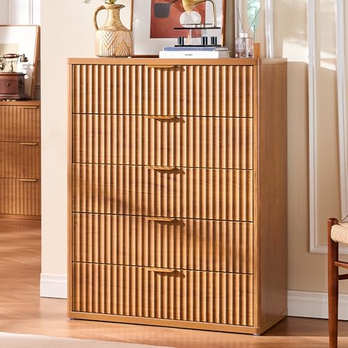 LEYAOYAO Fluted 5 Drawers Dresser for Bedroom, 41" Tall Modern Chest of Drawers with Metal Handle, Curved Profile Farmhouse Closet Organizer Wood Dressers TV Stand for Living Room, Hallway, Brown - color: Brown, size: 15.4"D x 31.5"W x 41"H (5 Drawers)