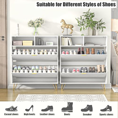 JOZZBY Large Shoe Cabinet for Entryway, 46'' Tall Narrow Shoe Storage Cabinet with 2 Flip Drawers and Open Shelves, White Freestanding Shoe Organizer for Hallway, Living Room - size: Smooth