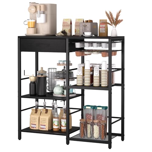 Coffee Bar with Integrated Storage,5-Tier Coffee Bar Cabinet with Drawers,Kitchen Coffee Bar Table with 2-Layer Capsule Drawer,for Living Room and Corner Kitchen Bar Table,Black