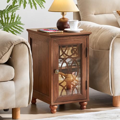 Joaxswe Narrow Side Table with Glass Door, 18 x 14'' Night Stand with Adjustable Shelf Storage Cabinet Organizer, Bedside End Tables Wood Nightstand for Small Spaces Living Room Bedroom - color: Retro Brown, size: without Charger