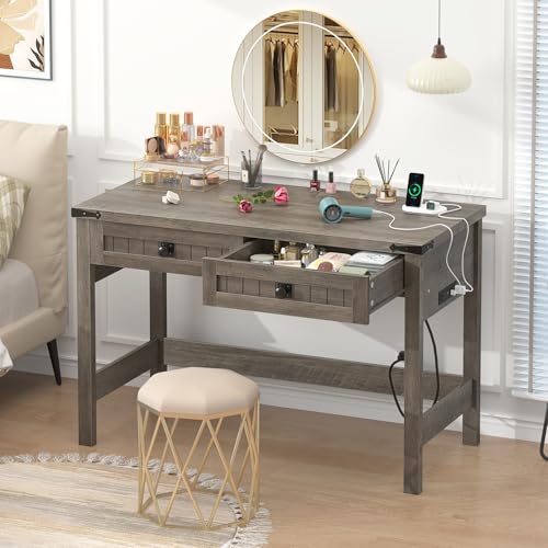 YOMILUVE Farmhouse Computer Desk with 2 Drawers, 39 Inch Small Computer Desk with Power Outlets, Home Office Desk Compact Writing Study Table for Small Spaces, Grey - color: Grey