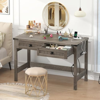 YOMILUVE Farmhouse Computer Desk with 2 Drawers, 39 Inch Small Computer Desk with Power Outlets, Home Office Desk Compact Writing Study Table for Small Spaces, Grey - color: Grey