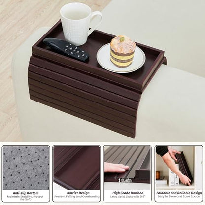 GEHE Bamboo Sofa Arm Tray, Foldable Couch Arm Tray Side Table, Anti-Falling Armrest Tables Cup Holder for Snacks, Drinks, Beers, Phone, Control, Flexible and Portable, Anti-Slip - color: Mahogany