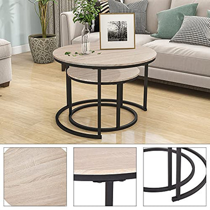 HOJINLINERO Round Coffee Table,Nesting Coffee Table Set of 2,Center Tables for Living Room,Office, Home Small Space,Stacking Side Tables,Sturdy and Easy Assembly,Wood Desktop,Black+Teak OAKDK,Large - color: Oak, size: Large