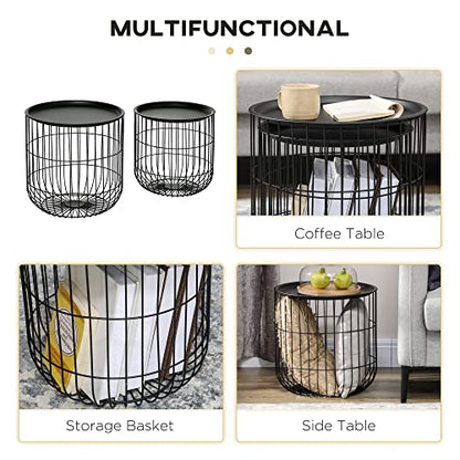HOMCOM Nesting Coffee Tables, Round Coffee Table Set of 2 with Steel Wired Basket Body and Removable Top, Stacking End Tables Blanket Storage for Living Room, Black