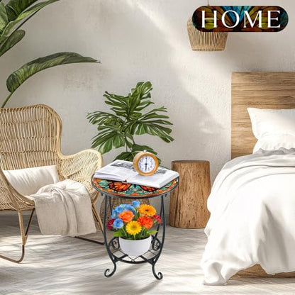 Cinnvoice Outdoor Side Table Round Small Mosaic Patio Accent Indoor End Plant Coffee Tea Table for Yard Patio Porch Garden Living Room, Bedroom(Butterfly B Style,12 Inch) - size: 12 Inch, style: Butterfly B Style