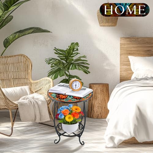 Cinnvoice Outdoor Side Table Round Small Mosaic Patio Accent Indoor End Plant Coffee Tea Table for Yard Patio Porch Garden Living Room, Bedroom(Butterfly B Style,12 Inch) - size: 12 Inch, style: Butterfly B Style