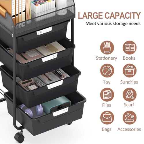 SYKIARIOL 4-Drawer Rolling Storage Cart with Mesh Top, Utility Craft Organizer Cart on Wheels with DIY Labels, Rolling Drawer Cart for Home Office Classroom Bedroom, Black - color: Black