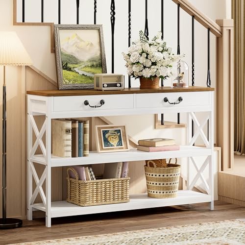 IRONCK 47.2" Farmhouse Console Table, Sofa Table with Drawer, Narrow Long Entry Table with 2 Shelf for Entryway, Living Room, Hallway, White/Walnut - size: 47.2inch