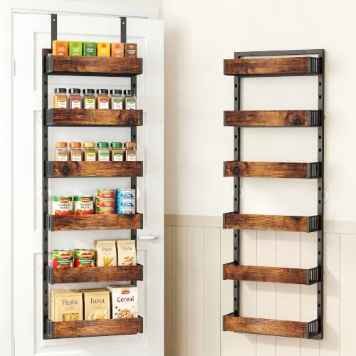 6-Tier Over the Door Pantry Organizer, 2-in-1 Door Hanging or Wall Mounted Spice Rack, Space Saving Metal Storage Shelves with Adjustable Baskets for Kitchen, Closet, Bathroom