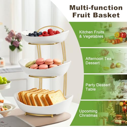 Fruit Bowl for Kitchen Counter - 3 Tier Ceramic Fruit Rack, Fruit Basket for Fresh Fruit&Veggies, Tiered Fruit Platter Serving Trays for Party - color: White