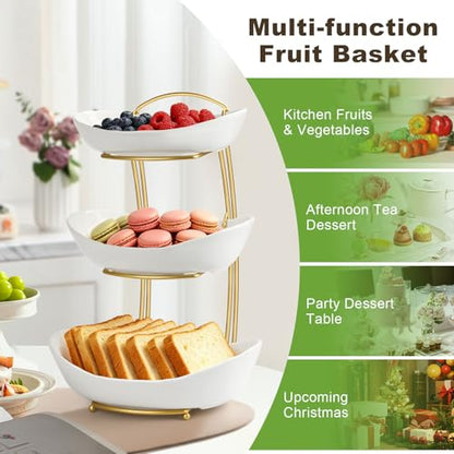 Fruit Bowl for Kitchen Counter - 3 Tier Ceramic Fruit Rack, Fruit Basket for Fresh Fruit&Veggies, Tiered Fruit Platter Serving Trays for Party - color: White