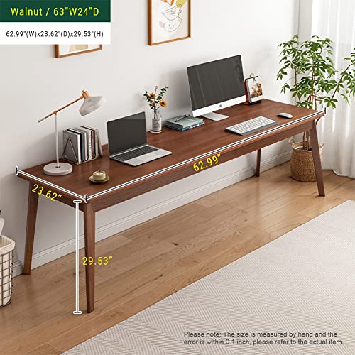 NELYE Mid-Century Long Desk Table, 63" W x 24" D, Walnut | Simple Modern Wood Table, Extra Long 2-Person Computer Workstation for Home Office Work, Holds 200 Lbs - size: 63"W24"D