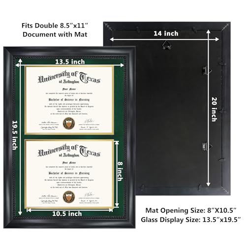 GMFrames Double 8.5x11 Diploma Certificate Frame, Solid Wood & Tempered Glass, Cherry Lacquer Finish & Intricate Rope Detail, Green over Gold Mat - color: Black / Green Gold Mat, size: 14x20 for Double 8.5x11
