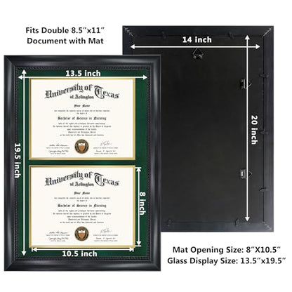 GMFrames Double 8.5x11 Diploma Certificate Frame, Solid Wood & Tempered Glass, Cherry Lacquer Finish & Intricate Rope Detail, Green over Gold Mat - color: Black / Green Gold Mat, size: 14x20 for Double 8.5x11