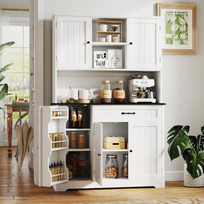 Gizoon Kitchen Pantry Cabinet with Microwave Shelf Tall Coffee Bar Cabinet with Doors and Shelves Farmhouse Kitchen Hutch with Storage for Dining Room and Craft Room, Painted White and Black - color: White and Black