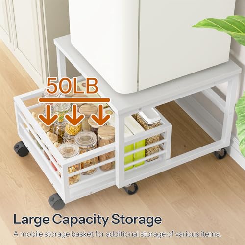 HOOBRO End Table, Mini Fridge Stand with Storage, Mini Fridge Table with Wheels and Adjustable Feet, Sturdy Metal Frame, for Living Room, Bedroom, Office, White WW155TL01 - color: White