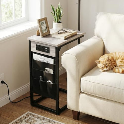 AMHANCIBLE C Shaped End Table with Charging Station, Couch Side Tables that Slide Under Sofa with Storage Bag, Slim TV Tray with USB Ports and Power Outlets for Living Room, Bedroom, Grey HET04CGY - color: Grey