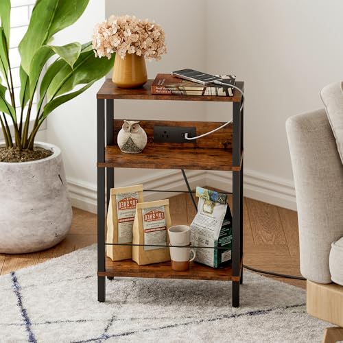 DGSANDGO Narrow Side Table (Rustic Brown) - Nightstand with Charging Station (2 USB + 1 AC Outlet), 3-Tier End Table for Balcony/Kid's Room/Bedroom - color: Rustic Brown, size: Drawer Wide-24.4"H 1 PC