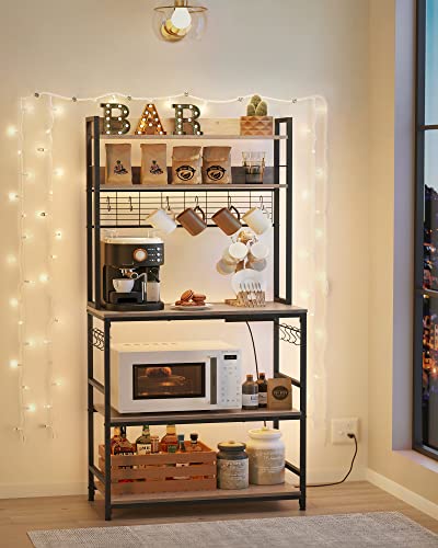 VASAGLE Bakers Rack with Power Outlet, Microwave Stand, Kitchen Tall Utility Storage Shelf, with Metal Wire Panel, 14 Hooks, 15.7 x 31.5 x 66.9 Inches, Heather Greige and Ink Black UKKS025B02 - color: Heather Greige + Ink Black, size: 31.5"W