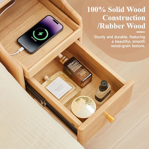Solid Wood Narrow Nightstand, Slim Bedside Table with 2 Drawers & Slide-Out Tray, Mid-Century Modern End Table Side Table for Bedroom, Living Room, Small Spaces (Natural-2 Packs) - color: Natural-2 Packs