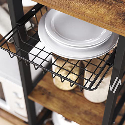 VASAGLE Baker's Rack, Coffee Bar Stand with Charging Station, 33 Inches Tall, Storage Shelves, Pull-Out Wire Basket, Table for Microwave, Kitchen, Rustic Brown and Ink Black UKKS90X - color: Rustic Brown + Ink Black, style: No Power Outlet