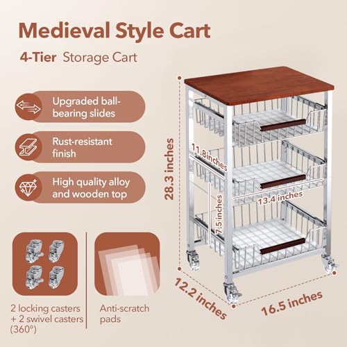 4-Tier Slim Rolling Fruit & Vegetable Storage Cart with Removable Baskets, Narrow Metal Kitchen Organizer Cart on Wheels, Fruit Basket Stand & Fruteros para Cocina, Pantry Cart for Storage - size: 4-Tier Slim