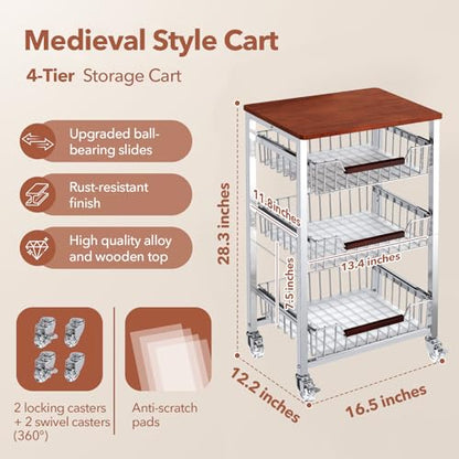 4-Tier Slim Rolling Fruit & Vegetable Storage Cart with Removable Baskets, Narrow Metal Kitchen Organizer Cart on Wheels, Fruit Basket Stand & Fruteros para Cocina, Pantry Cart for Storage - size: 4-Tier Slim