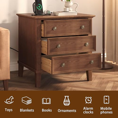 IKENO Solid Wood Nightstand with 3 Drawers, Tall Leg Bedside Table with Charging Station, Farmhouse Night Stand with Wood Slide Rail, Anti-Scratch Foot Pads for Bedroom，Walnut - color: Walnut