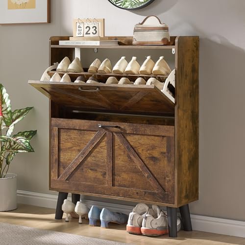 LEYAOYAO Shoe Cabinet Storage for Entryway with 2 Flip Drawers | Rack Narrow Organizer Slim Hidden Wood Shoe Cabinet Furniture - color: Brown
