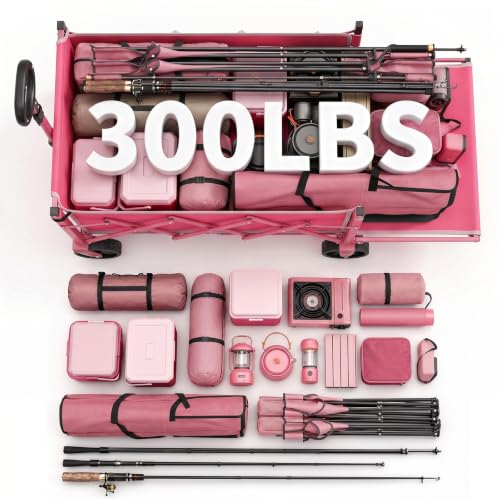 Sekey Collapsible Wagon Cart with Drop-Down Tailgate, 300 lb Capacity - color: Pink, size: 300 lbs