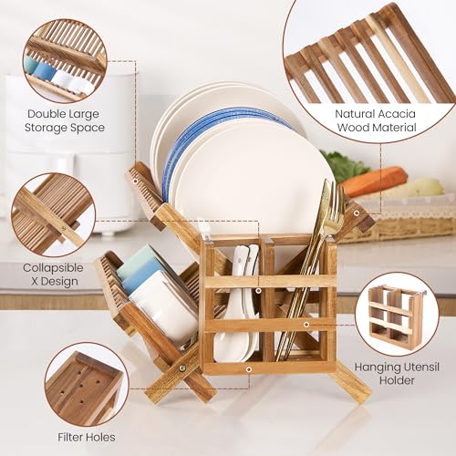 NOVAYEAH Acacia Wooden Dish Drying Rack for Kitchen Counter 2-Tier Collapsible Bmaboo Dish Drying Rack with Utensil Holder-Large Folding Dish Drainer Rack with Flatware Holder 34 pcs Grid - color: 2-tier (Acacia Wood)