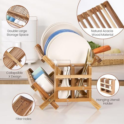 NOVAYEAH Acacia Wooden Dish Drying Rack for Kitchen Counter 2-Tier Collapsible Bmaboo Dish Drying Rack with Utensil Holder-Large Folding Dish Drainer Rack with Flatware Holder 34 pcs Grid - color: 2-tier (Acacia Wood)