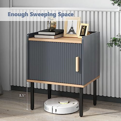 Giantex Nightstand with Storage, Bedside Table with Single Door Cabinet, Compact Floor Side Table with Heavy-Duty Metal Legs, Modern End Table for Living Room, Bedroom, Small Space, Gray
