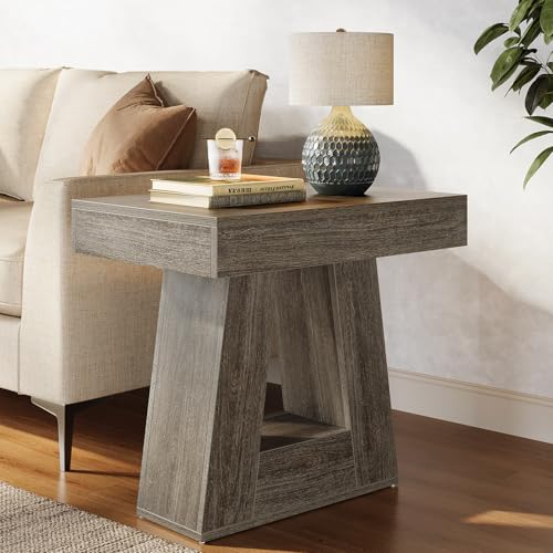 Tribesigns 24" Modern Side Table, 2-Tier Narrow Wooden End Table with Trapezoid Base, Farmhouse Small Nightstand for Living Room, Bedroom (1, Gray) - color: Grey