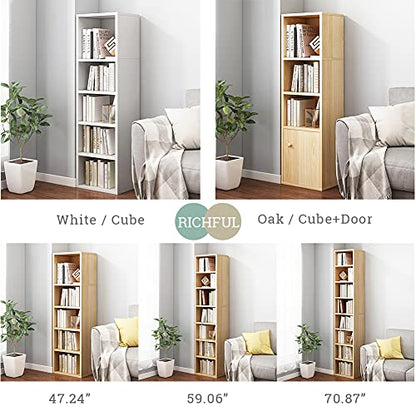 IOTXY Small Narrow Corner Bookcase - 47 Inches Tall Gap Freestanding Storage Cabinet, 5 Lattices Open Shelves Tower Rack, Cubes Bookshelf in Oak | Modern Minimalist Style, MDF Material, Adjustable Movable Shelves, 4 Latticed Tower Rack with a Door, Space-