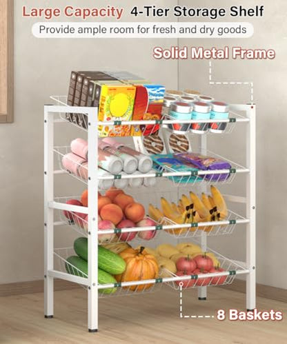 4-Tier Fruit and Vegetable Storage Rack with 8 Removable Baskets, Small Kitchen Island, Pantry Floor Organizer Stand Shelves for Snack Onion Potato Storage, White - style: 8 Baskets-White