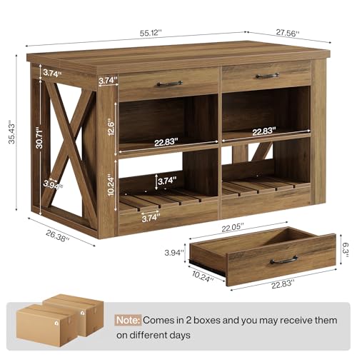 Tribesigns 55" Kitchen Island with Storage Drawers and Shelves, Farmhouse Large Island Table for Kitchen, Dining Room
