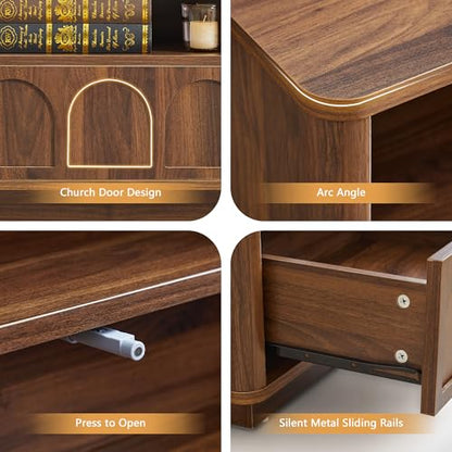 Small Nightstand Set of 2 with Charging Station, Accent Bedside Nightstand with Drawer, Mid Century Modern Bedroom Side Bed Table with Storage for Dorm, Living Room, Couch, Office - Walnut - color: Walnut