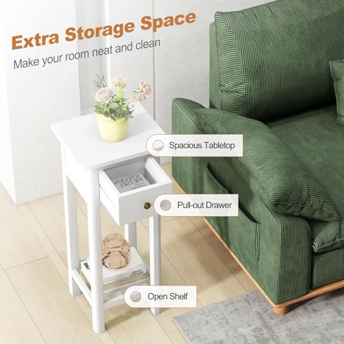Tangkula 2-Tier Narrow Side Table with Drawer, Acacia Wood Tall End Table for Small Spaces, Farmhouse Slim Bedside Table with Open Shelf, Nightstand for Living Room, Bedroom, No Assembly (2, White) - color: White