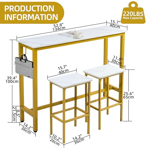 Finnhomy 52.7" Industrial Bar Table Set with 2 Stools - Counter Height Dining & Pub Table for Small Spaces, Kitchen, Apartment, Nook - Metal & Wood, Space-Saving Furniture - White Marble and Gold - color: White Marble + Gold, size: 52.7" Bar Table