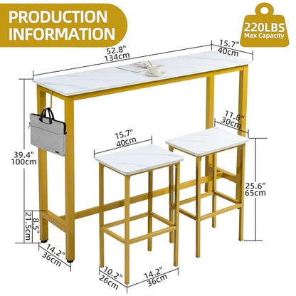 Finnhomy 52.7" Industrial Bar Table Set with 2 Stools - Counter Height Dining & Pub Table for Small Spaces, Kitchen, Apartment, Nook - Metal & Wood, Space-Saving Furniture - White Marble and Gold - color: White Marble + Gold, size: 52.7" Bar Table