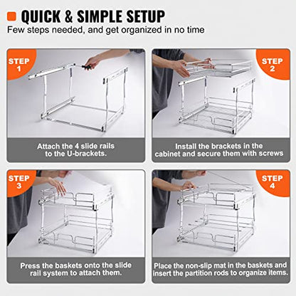 VEVOR Pull Out Cabinet Organizer, 14" Wx21.2 Dx15.2 H Heavy 2 Tier Duty Slide Out Pantry Shelves, Chrome-Plated Steel Roll Out Drawer for Under Sink, 15.5" Wx22.5 Dx19 H Install Size for Cabinet - size: 14"Wx21.2"Dx15.2"H