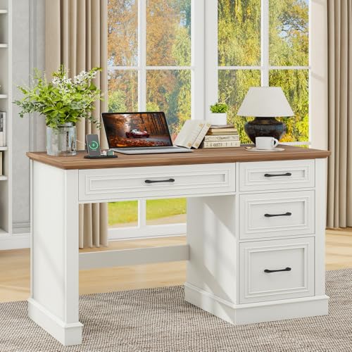 Halitaa Farmhouse 47" Executive Desk, Computer Desk with Drawers and File Drawer, Workstation Computer Desk with Charging Station for Home Office, Study,Antique White - color: Antique White, size: With Charging Station
